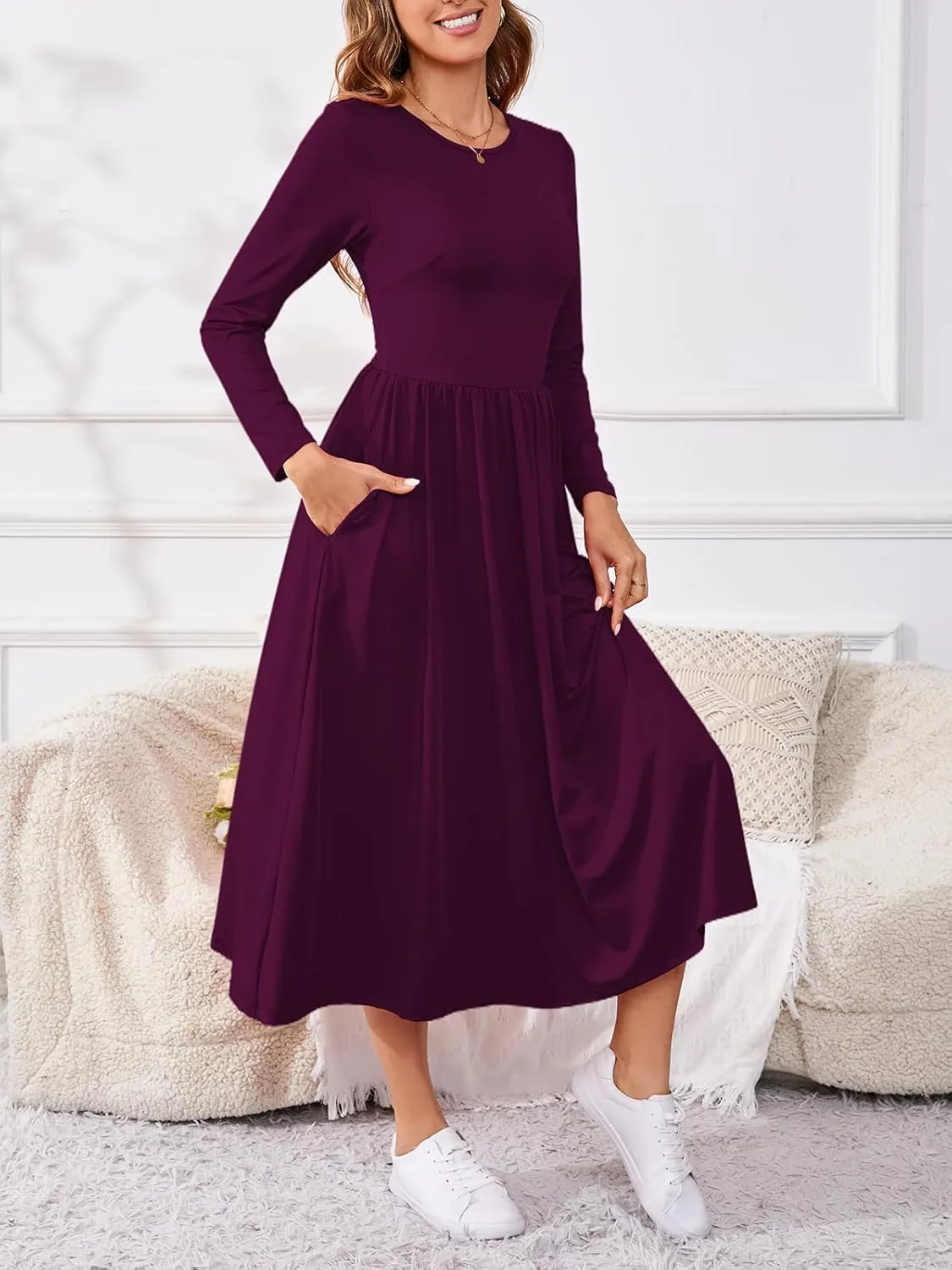 Women's Maxi Dress Long Sleeve Boat Neck Plain Empire Waist Casual Winter Party Long Dresses with Pockets