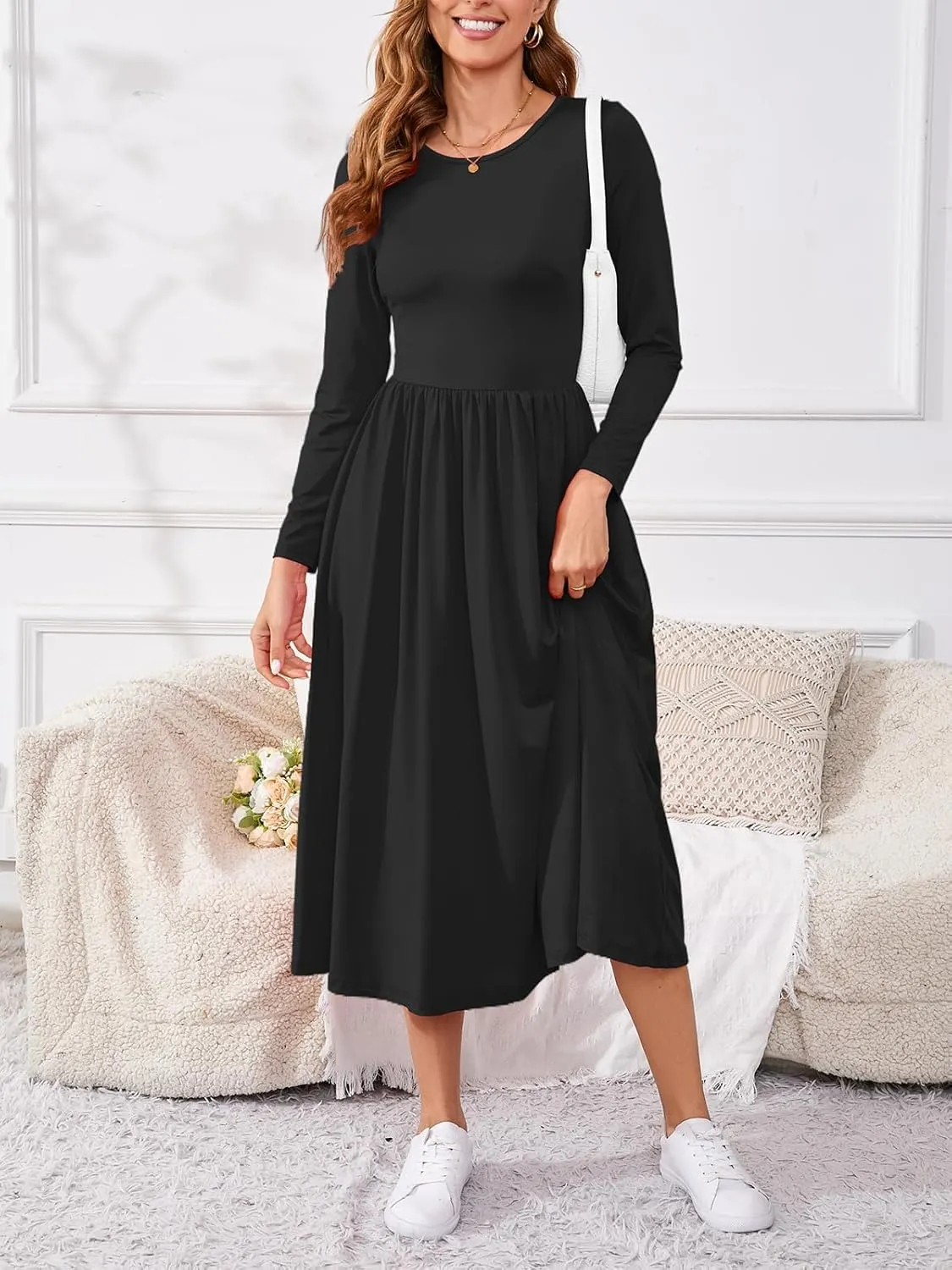 Women's Maxi Dress Long Sleeve Boat Neck Plain Empire Waist Casual Winter Party Long Dresses with Pockets