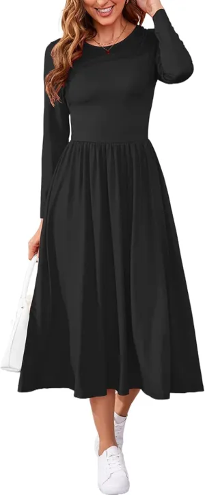 Women's Maxi Dress Long Sleeve Boat Neck Plain Empire Waist Casual Winter Party Long Dresses with Pockets