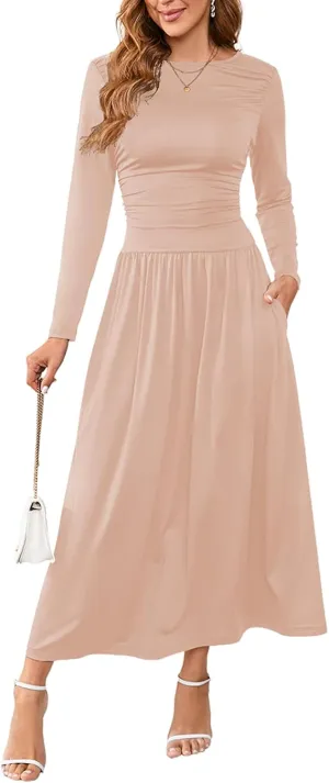 Women's Maxi Dress Long Sleeve Boat Neck Plain Empire Waist Casual Winter Party Long Dresses with Pockets