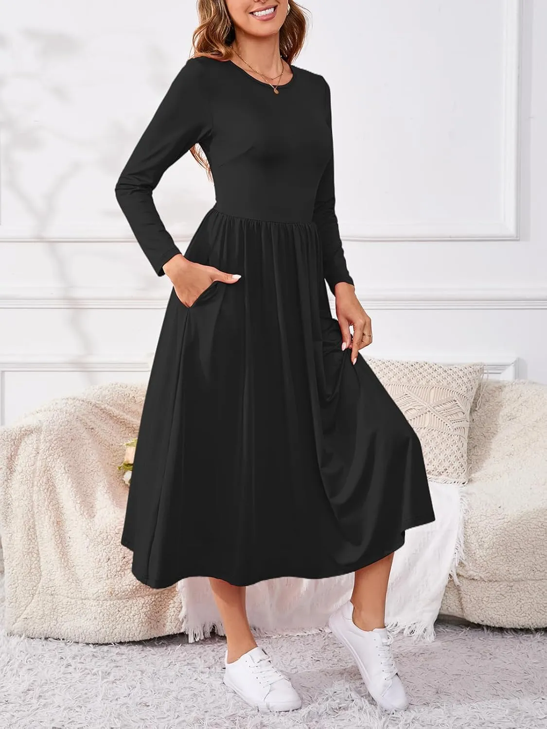 Women's Maxi Dress Long Sleeve Boat Neck Plain Empire Waist Casual Winter Party Long Dresses with Pockets