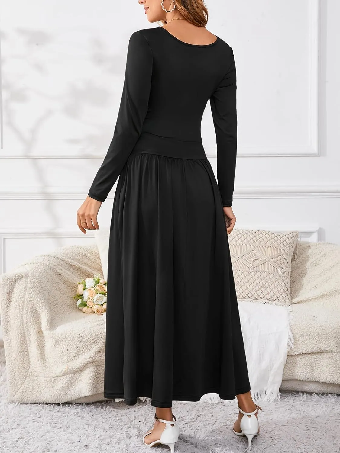 Women's Maxi Dress Long Sleeve Boat Neck Plain Empire Waist Casual Winter Party Long Dresses with Pockets