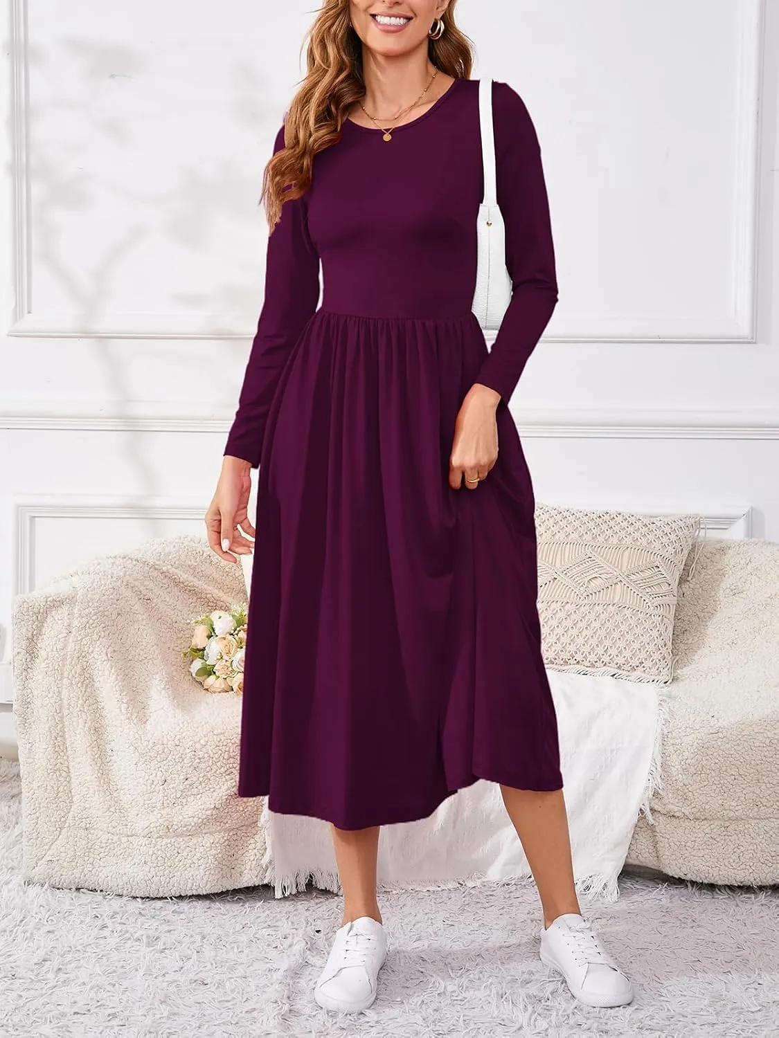 Women's Maxi Dress Long Sleeve Boat Neck Plain Empire Waist Casual Winter Party Long Dresses with Pockets