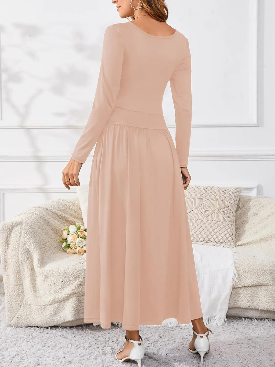 Women's Maxi Dress Long Sleeve Boat Neck Plain Empire Waist Casual Winter Party Long Dresses with Pockets