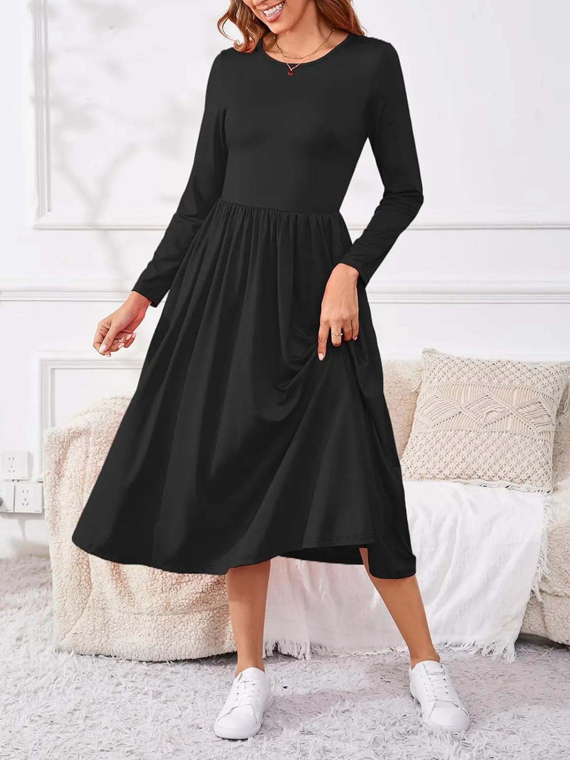 Women's Maxi Dress Long Sleeve Boat Neck Plain Empire Waist Casual Winter Party Long Dresses with Pockets