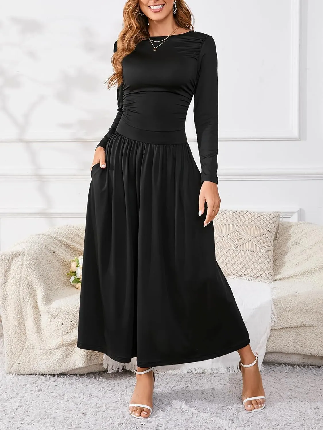 Women's Maxi Dress Long Sleeve Boat Neck Plain Empire Waist Casual Winter Party Long Dresses with Pockets