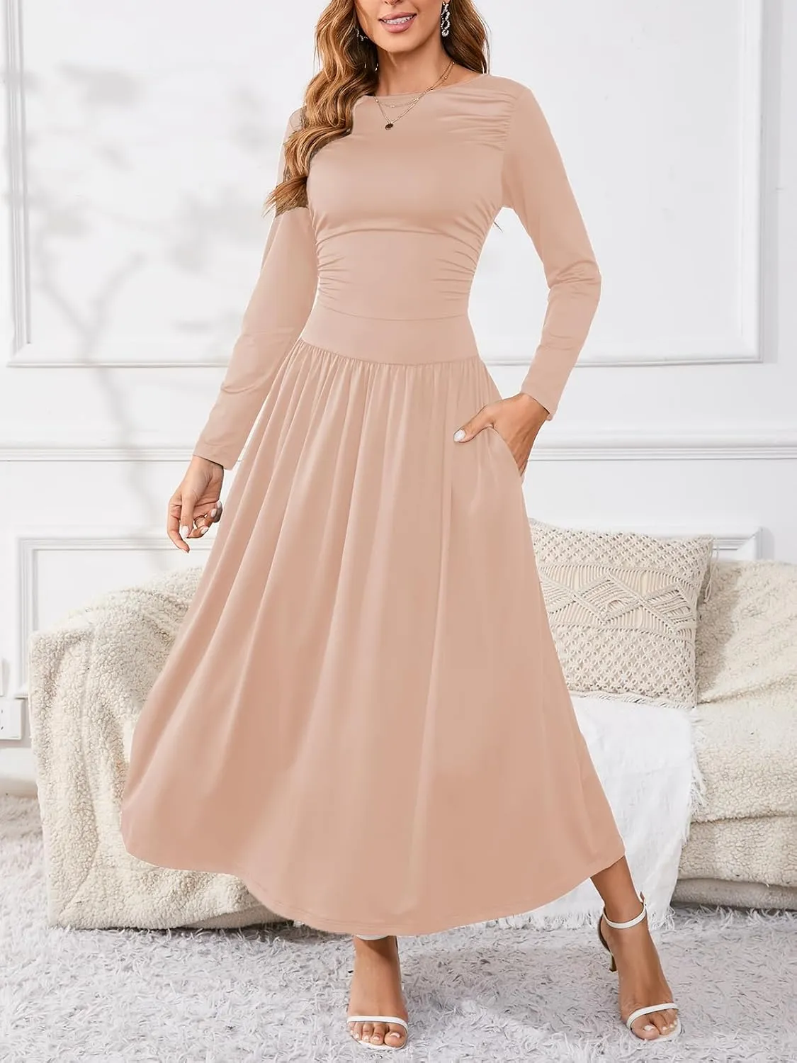 Women's Maxi Dress Long Sleeve Boat Neck Plain Empire Waist Casual Winter Party Long Dresses with Pockets