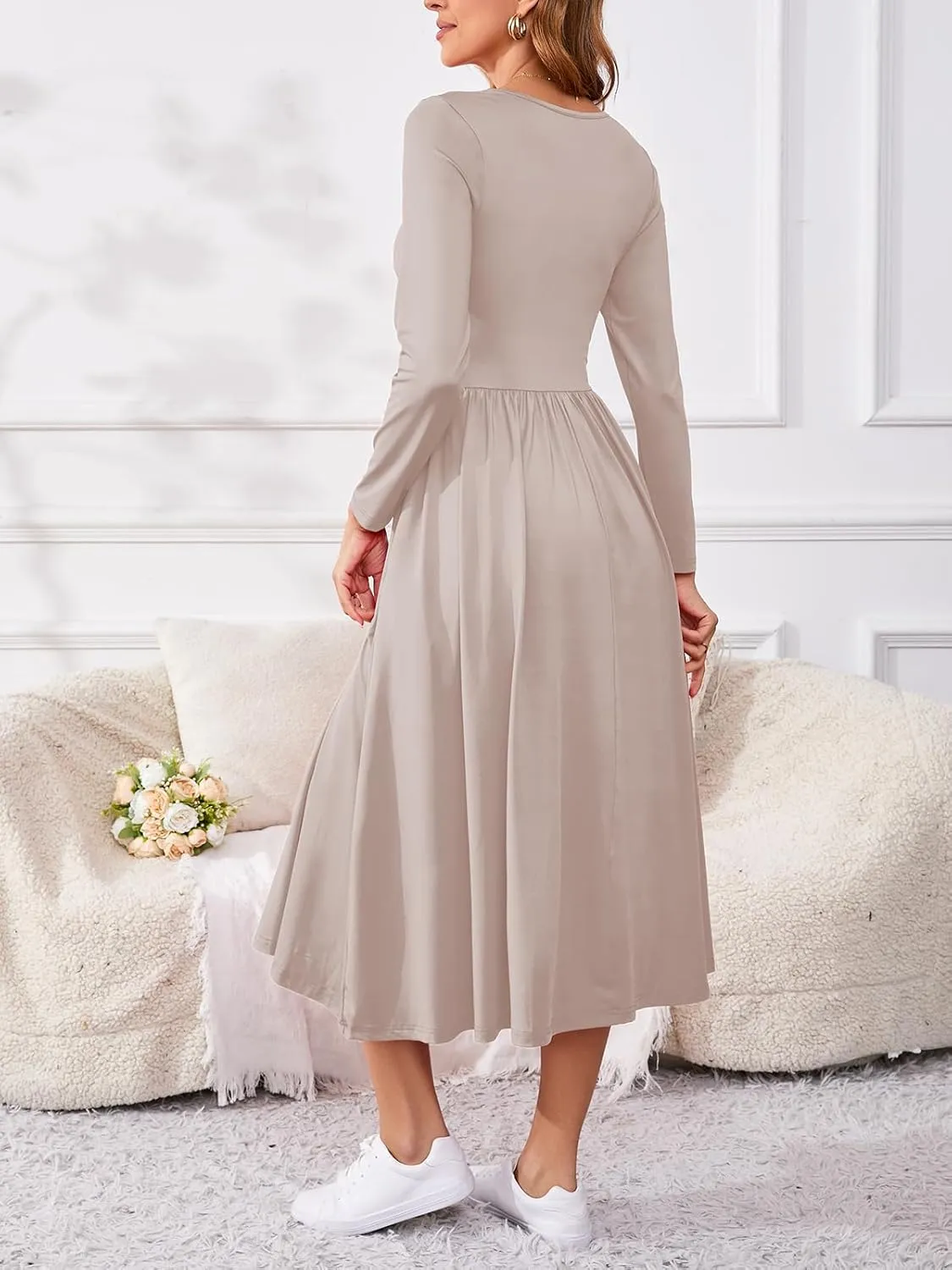 Women's Maxi Dress Long Sleeve Boat Neck Plain Empire Waist Casual Winter Party Long Dresses with Pockets