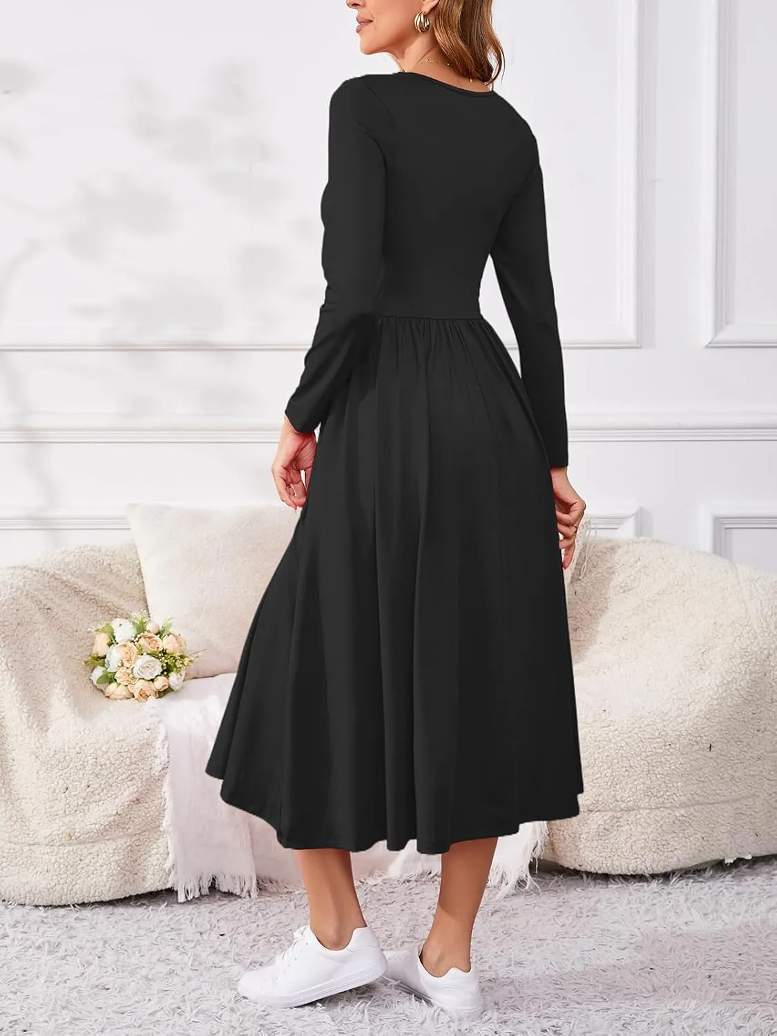 Women's Maxi Dress Long Sleeve Boat Neck Plain Empire Waist Casual Winter Party Long Dresses with Pockets