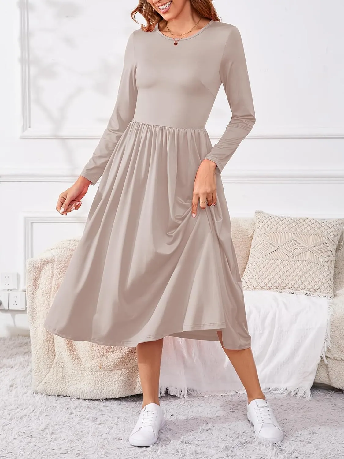 Women's Maxi Dress Long Sleeve Boat Neck Plain Empire Waist Casual Winter Party Long Dresses with Pockets