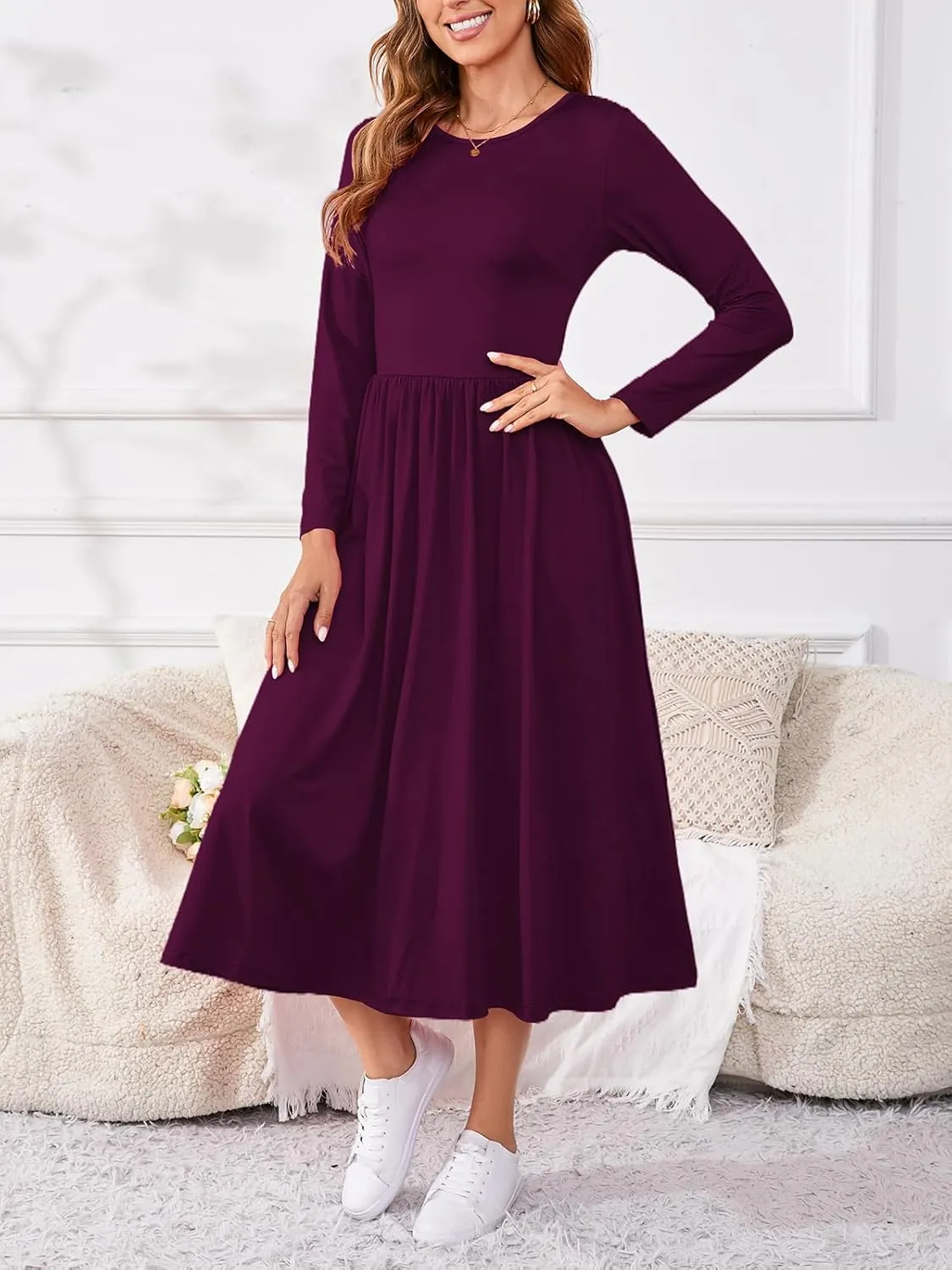Women's Maxi Dress Long Sleeve Boat Neck Plain Empire Waist Casual Winter Party Long Dresses with Pockets