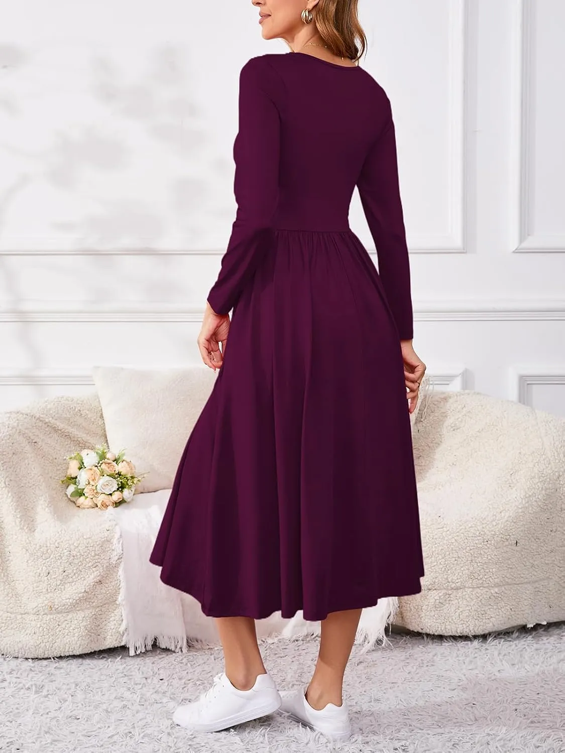 Women's Maxi Dress Long Sleeve Boat Neck Plain Empire Waist Casual Winter Party Long Dresses with Pockets