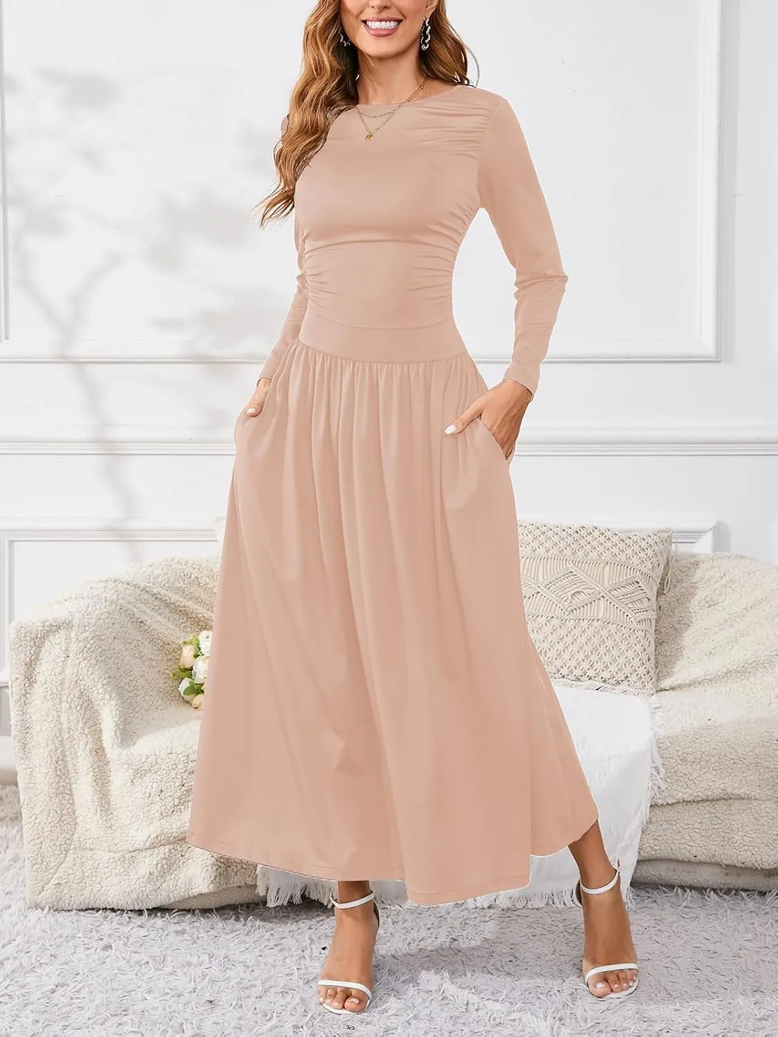 Women's Maxi Dress Long Sleeve Boat Neck Plain Empire Waist Casual Winter Party Long Dresses with Pockets