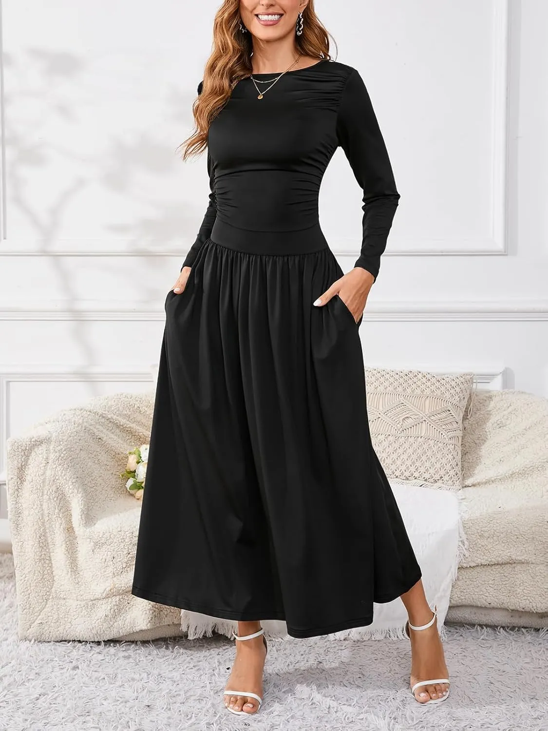 Women's Maxi Dress Long Sleeve Boat Neck Plain Empire Waist Casual Winter Party Long Dresses with Pockets
