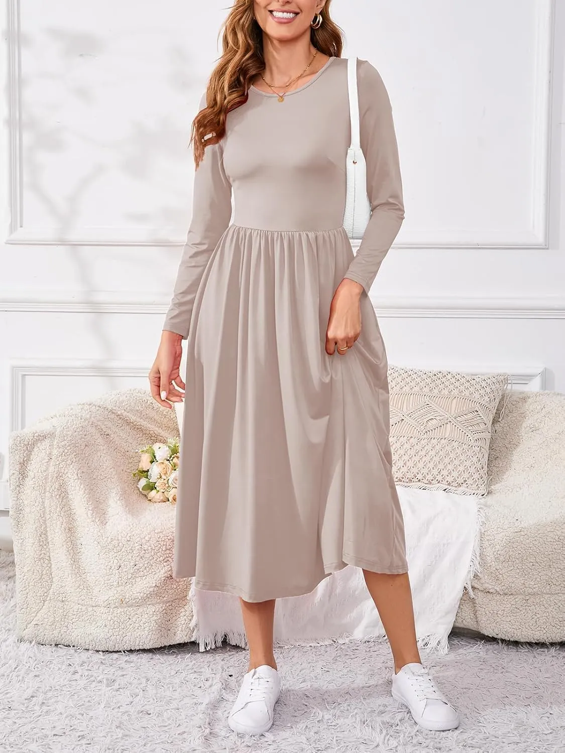 Women's Maxi Dress Long Sleeve Boat Neck Plain Empire Waist Casual Winter Party Long Dresses with Pockets