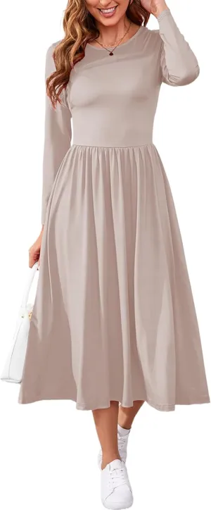 Women's Maxi Dress Long Sleeve Boat Neck Plain Empire Waist Casual Winter Party Long Dresses with Pockets