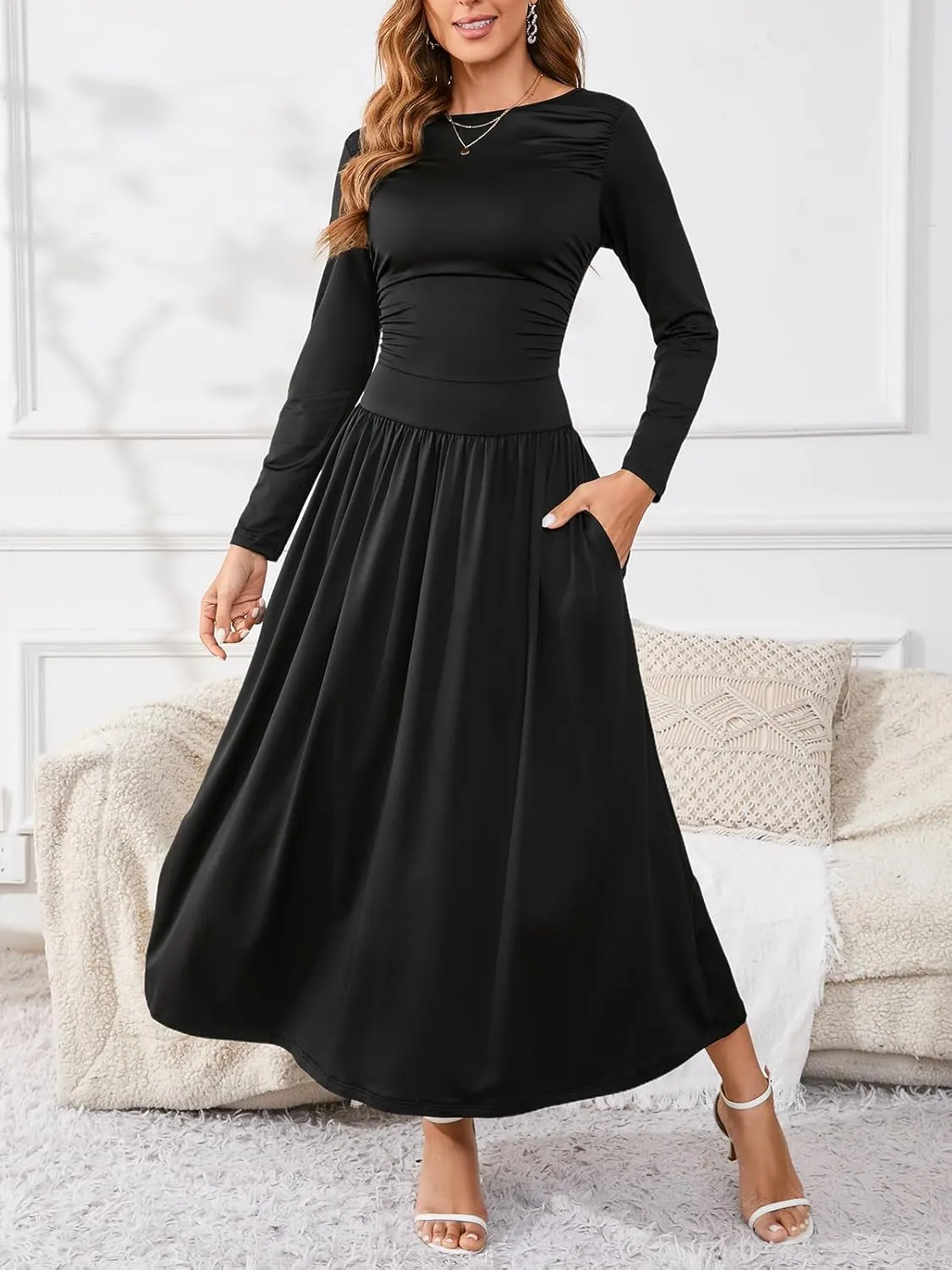 Women's Maxi Dress Long Sleeve Boat Neck Plain Empire Waist Casual Winter Party Long Dresses with Pockets