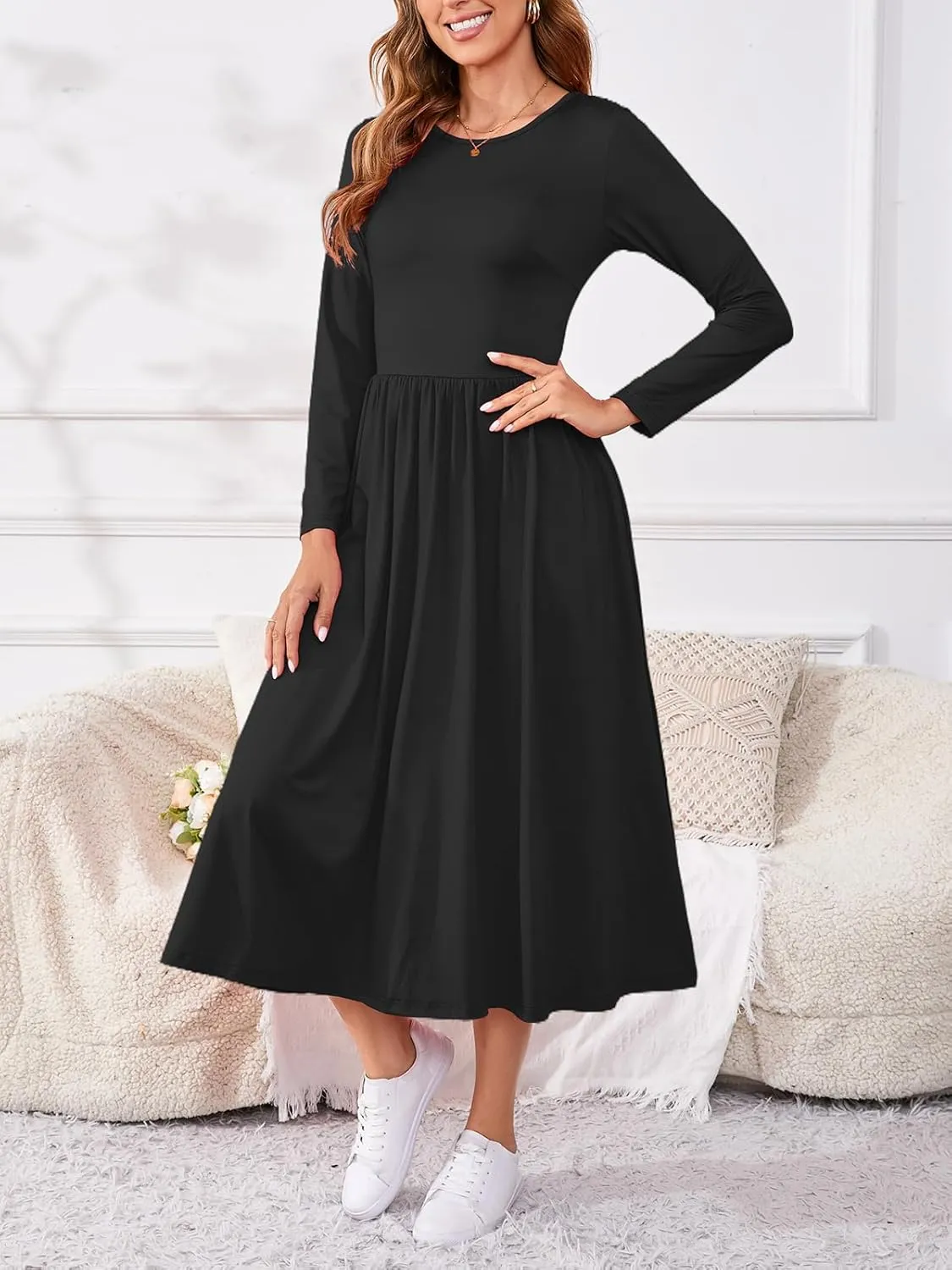 Women's Maxi Dress Long Sleeve Boat Neck Plain Empire Waist Casual Winter Party Long Dresses with Pockets