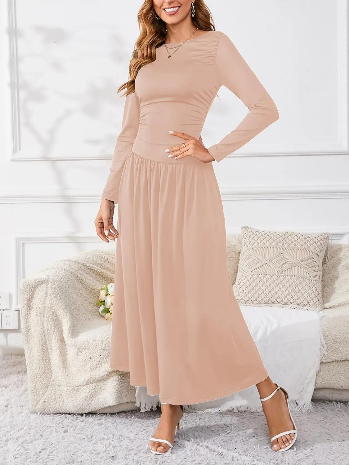 Women's Maxi Dress Long Sleeve Boat Neck Plain Empire Waist Casual Winter Party Long Dresses with Pockets