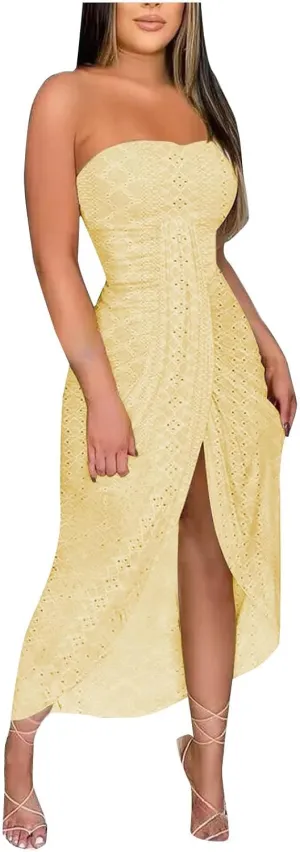 Women's Off Shoulder Beach Dress Summer Eyelet Hollow Out Maxi Sundress Strapless Hawaiian Cover Ups Split Dresses
