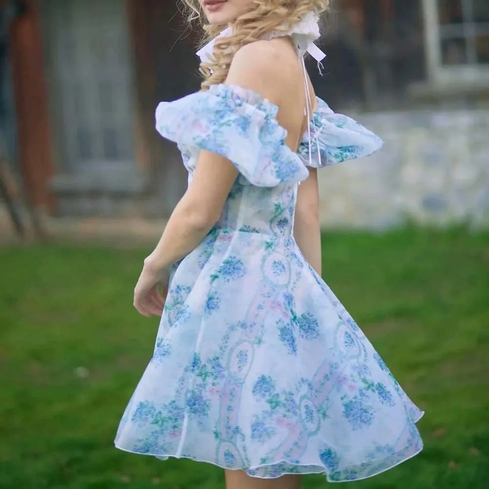 Women's Off Shoulder Long Puff Sleeve Fairy Dress Wedding Party Princess Mesh Mini Dress