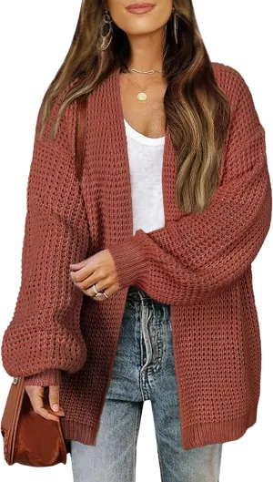 Womens Oversized Lightweight Waffle Knit Long Cardigan Spring 2025 Trendy Casual Outfits Open Front Duster Sweater