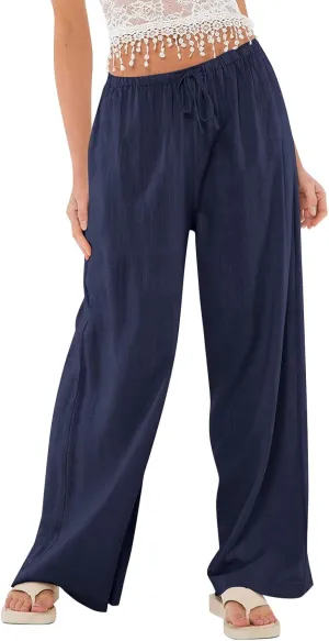 Womens Pants Wide Leg Linen Pants Drawstring High Waist Summer Beach Pant Lightweight Trouser with Pockets (S-2Xl)
