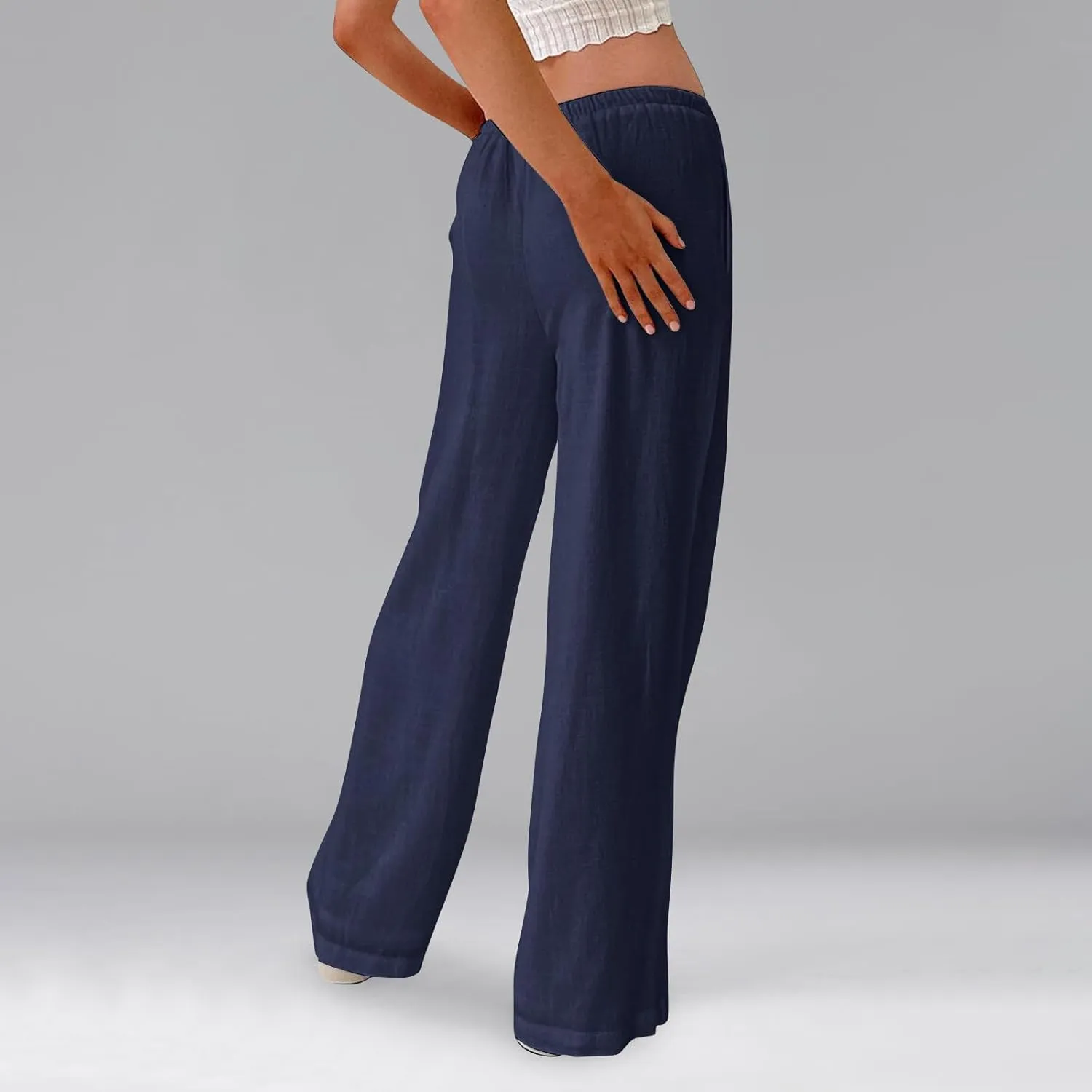 Womens Pants Wide Leg Linen Pants Drawstring High Waist Summer Beach Pant Lightweight Trouser with Pockets (S-2Xl)