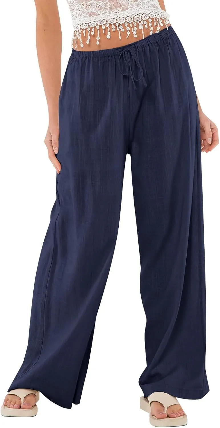 Womens Pants Wide Leg Linen Pants Drawstring High Waist Summer Beach Pant Lightweight Trouser with Pockets (S-2Xl)