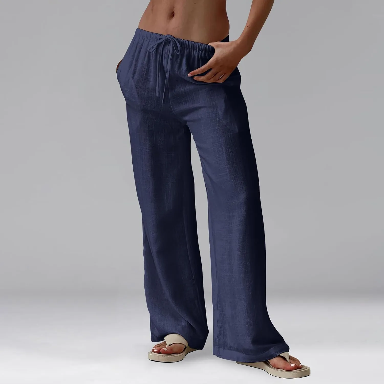 Womens Pants Wide Leg Linen Pants Drawstring High Waist Summer Beach Pant Lightweight Trouser with Pockets (S-2Xl)