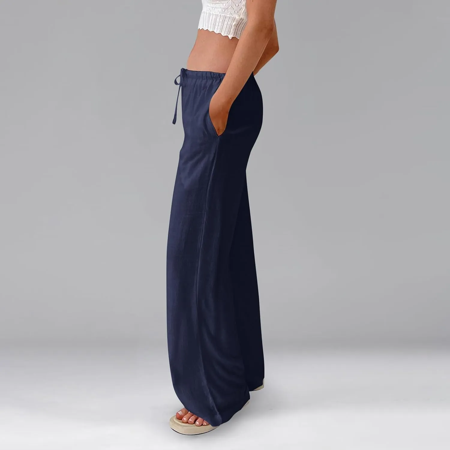 Womens Pants Wide Leg Linen Pants Drawstring High Waist Summer Beach Pant Lightweight Trouser with Pockets (S-2Xl)