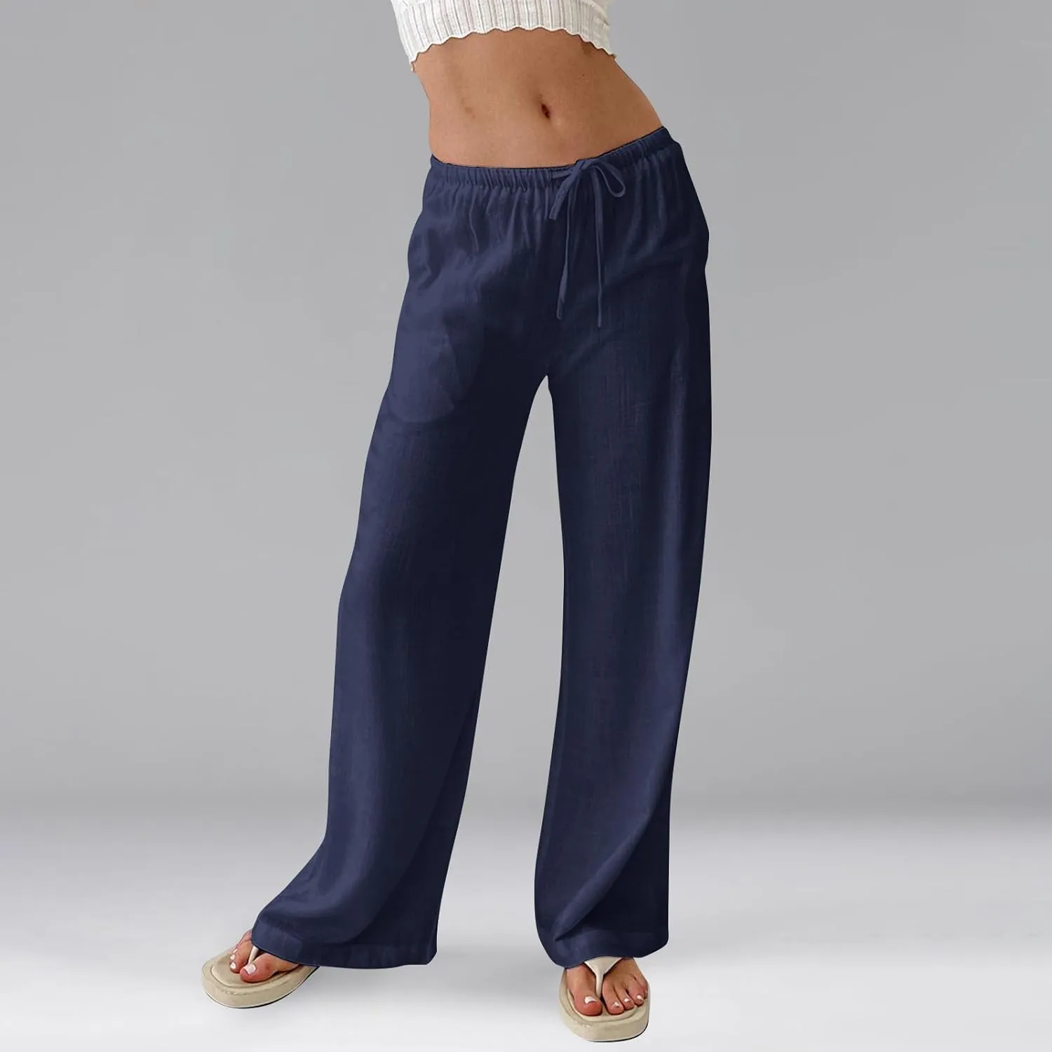 Womens Pants Wide Leg Linen Pants Drawstring High Waist Summer Beach Pant Lightweight Trouser with Pockets (S-2Xl)