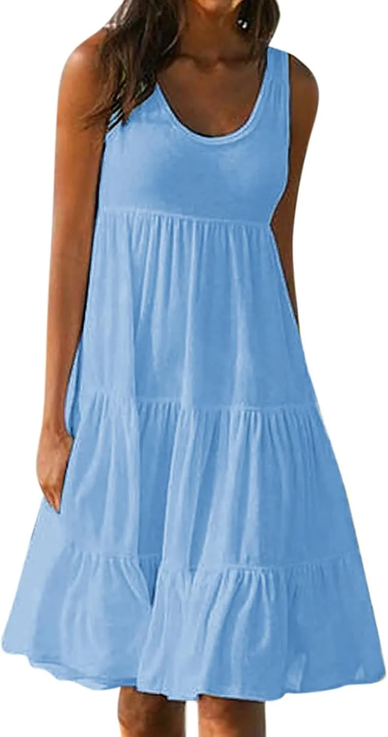 Womens Plus Size Summer Sleeveless Round Neck Swing Dress Solid Color Flowy Tiered Maxi Beach Sundress