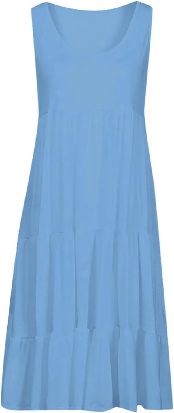 Womens Plus Size Summer Sleeveless Round Neck Swing Dress Solid Color Flowy Tiered Maxi Beach Sundress