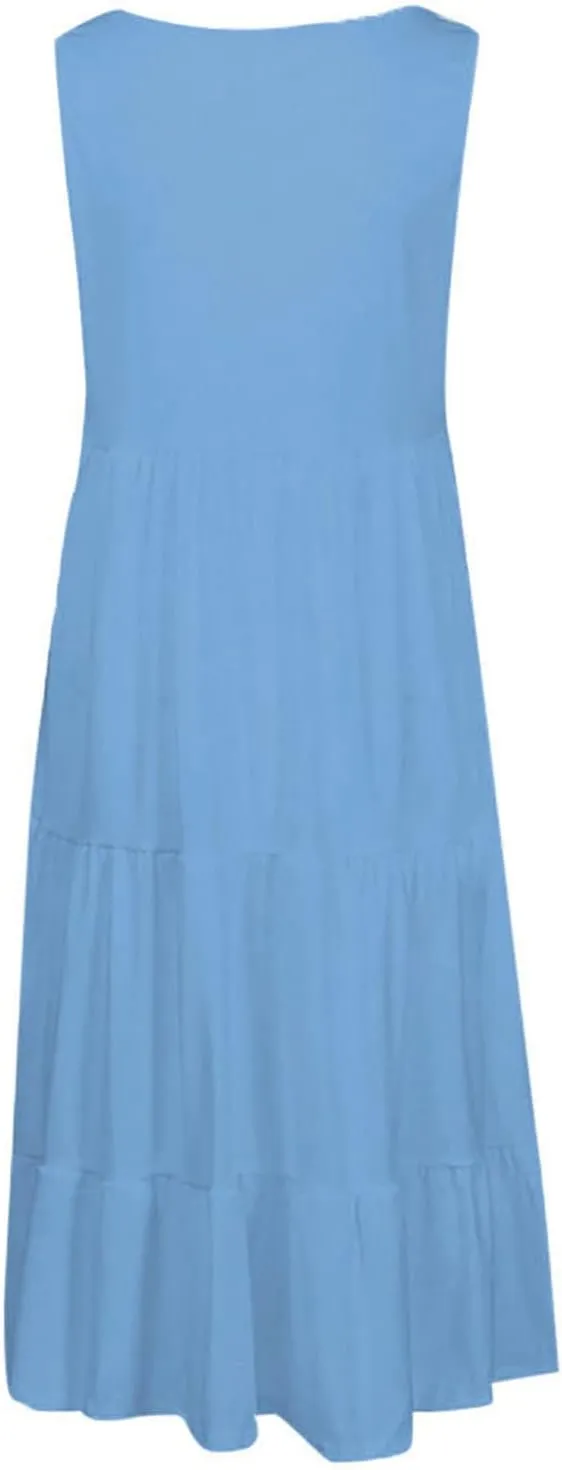 Womens Plus Size Summer Sleeveless Round Neck Swing Dress Solid Color Flowy Tiered Maxi Beach Sundress