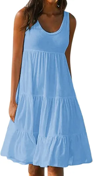 Womens Plus Size Summer Sleeveless Round Neck Swing Dress Solid Color Flowy Tiered Maxi Beach Sundress