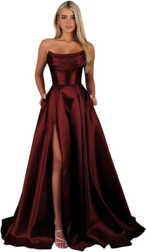 Women's Satin Prom Dresses with Slit Strapless Cowl Neck Corset Formal Dresses A Line Ball Gowns with Pockets XOD0456
