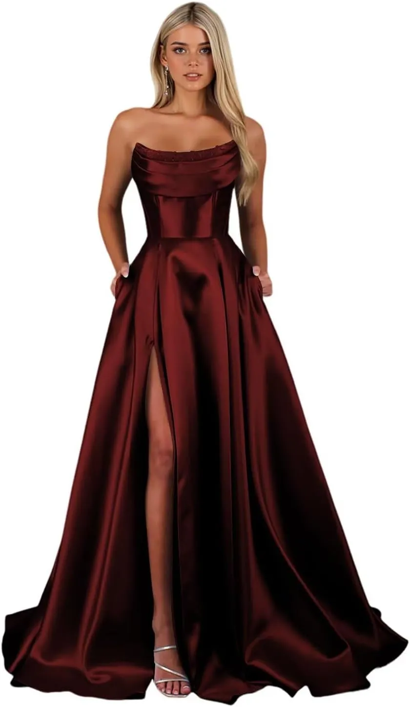 Women's Satin Prom Dresses with Slit Strapless Cowl Neck Corset Formal Dresses A Line Ball Gowns with Pockets XOD0456