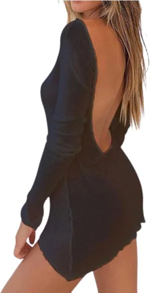 Women's See Through Sheer Mini Dress Long Sleeve Open Back Backless Knitted Bikini Cover Up Sundress Beachwear