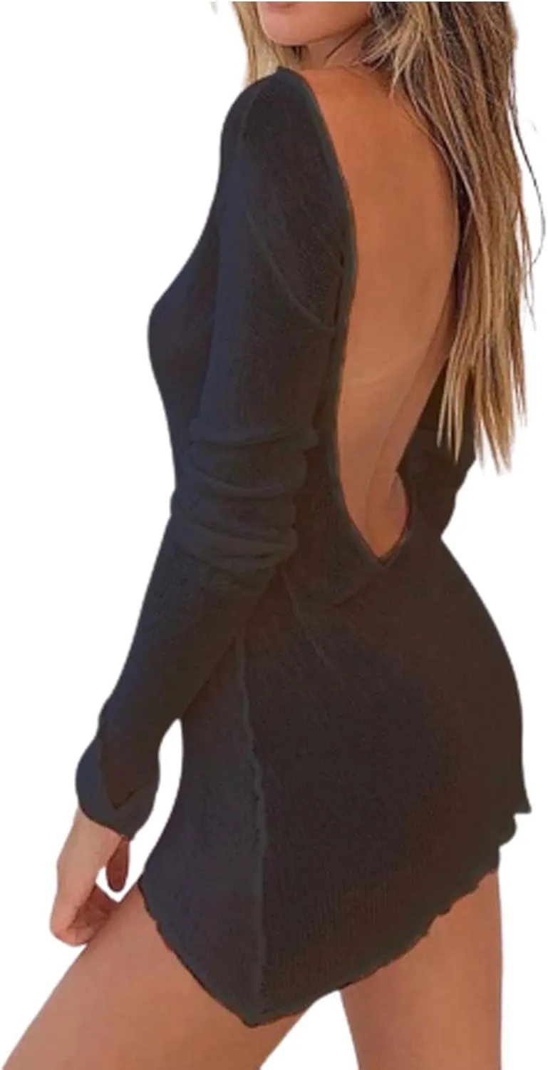 Women's See Through Sheer Mini Dress Long Sleeve Open Back Backless Knitted Bikini Cover Up Sundress Beachwear