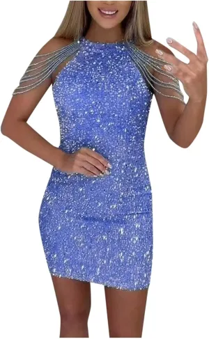 Womens Sequin Dress Hot Drilling Tassel Mini Dress Cocktail Party Dress Sexy Club Night Dress Wrap Hip Dresses