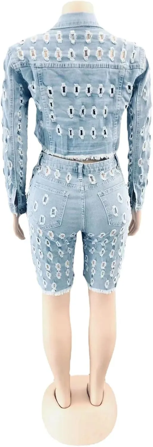 Womens Sexy 2 Pieces Denim Cut Off Holes Jackets Bodycon Shorts Party Clubwear Tracksuit Outfits Set