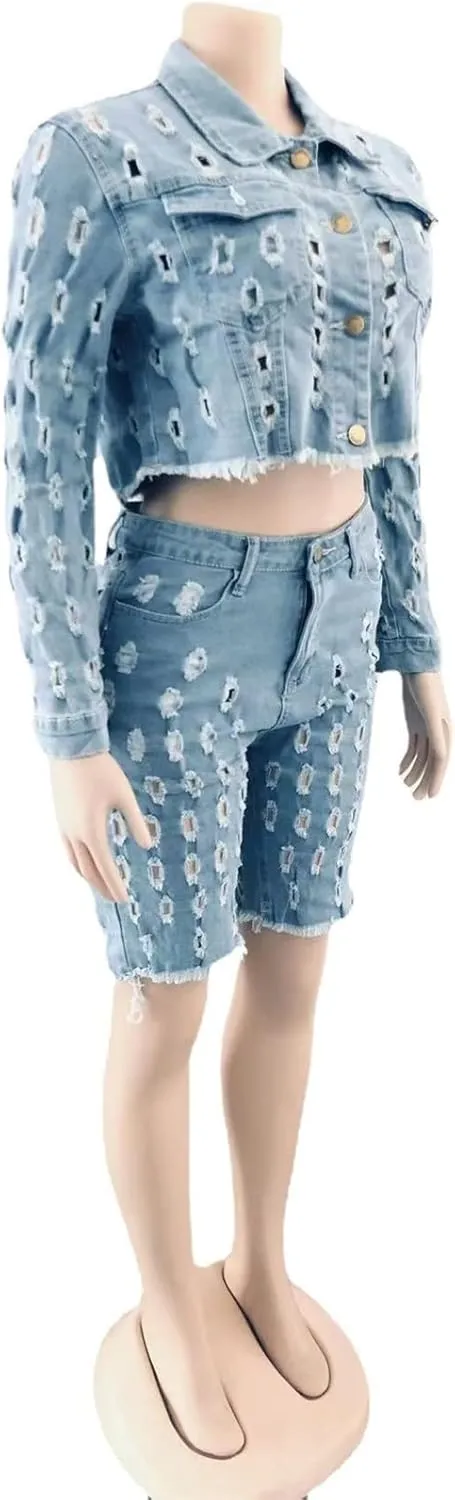 Womens Sexy 2 Pieces Denim Cut Off Holes Jackets Bodycon Shorts Party Clubwear Tracksuit Outfits Set