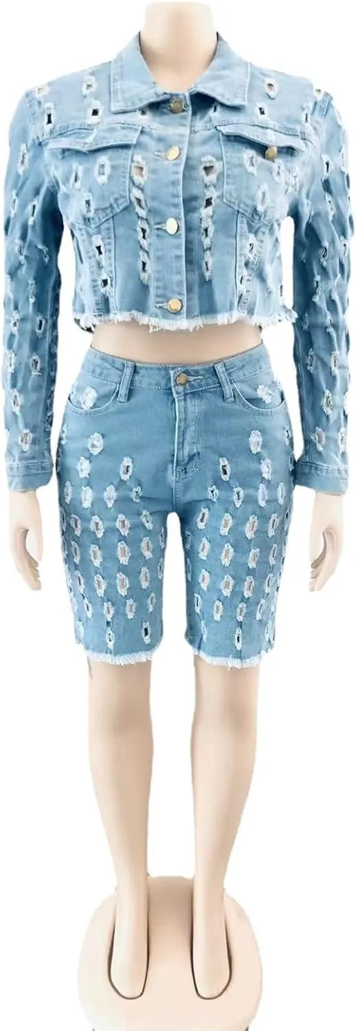 Womens Sexy 2 Pieces Denim Cut Off Holes Jackets Bodycon Shorts Party Clubwear Tracksuit Outfits Set