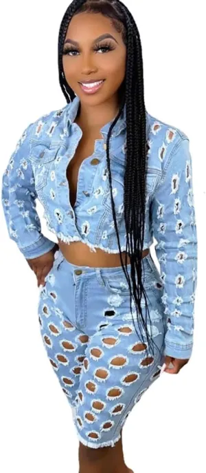 Womens Sexy 2 Pieces Denim Cut Off Holes Jackets Bodycon Shorts Party Clubwear Tracksuit Outfits Set