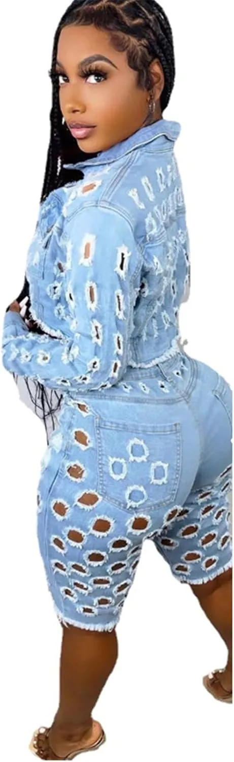 Womens Sexy 2 Pieces Denim Cut Off Holes Jackets Bodycon Shorts Party Clubwear Tracksuit Outfits Set