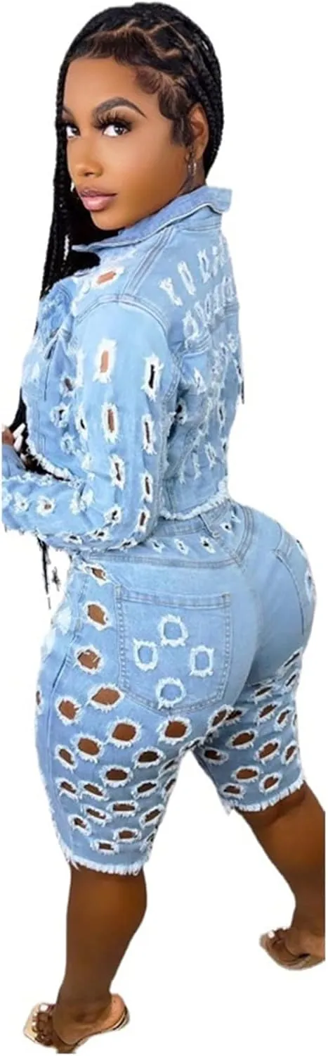 Womens Sexy 2 Pieces Denim Cut Off Holes Jackets Bodycon Shorts Party Clubwear Tracksuit Outfits Set