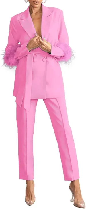 Womens Sexy 2 Pieces Feather Belted Blazer Jackets Bodycon Pants Party Clubwear Tracksuit Outfits Suit Set