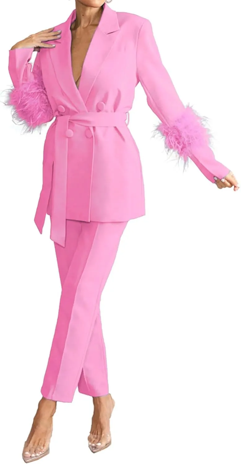 Womens Sexy 2 Pieces Feather Belted Blazer Jackets Bodycon Pants Party Clubwear Tracksuit Outfits Suit Set
