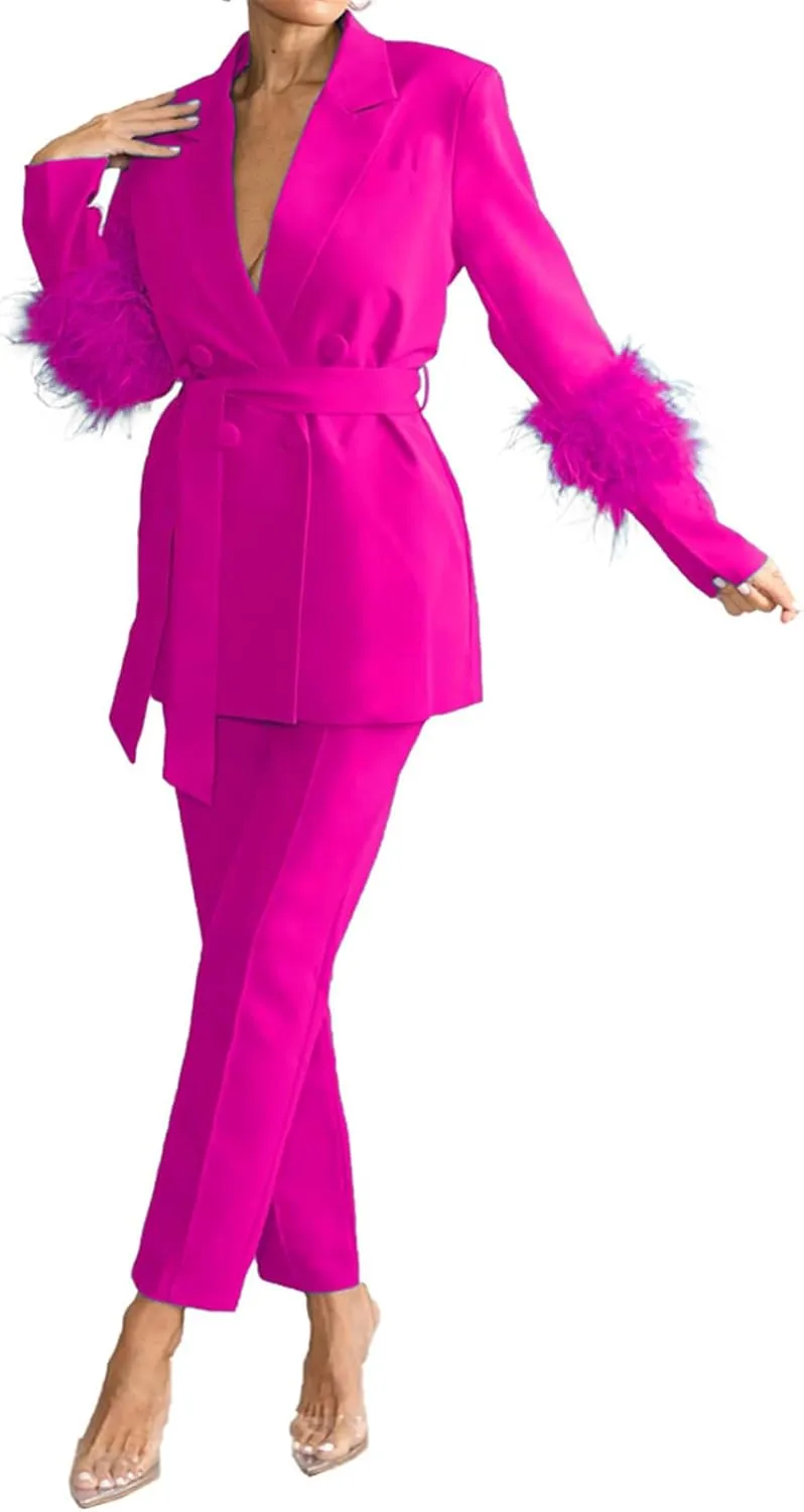 Womens Sexy 2 Pieces Feather Belted Blazer Jackets Bodycon Pants Party Clubwear Tracksuit Outfits Suit Set